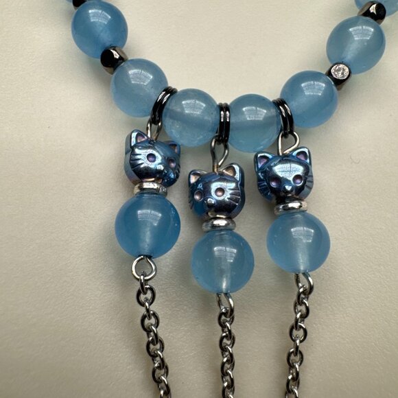 Unique Blue Beaded Kitty Charm Necklace – Kawaii Y2K Statement Jewelry - Picture 1 of 3